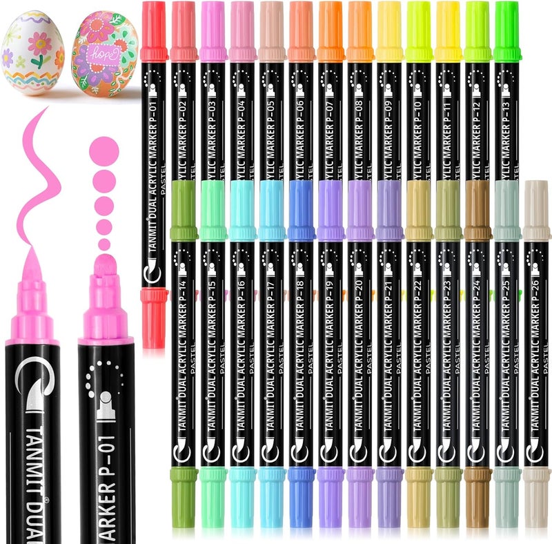 TANMIT 26 Colors Acrylic Paint Markers, Dual Tip Acrylic Paint Pens for Rock Painting, Black Paper, Wood, Canvas, Stone, Glass, Ceramic, DIY Crafts Making Art Supplies - Image 1